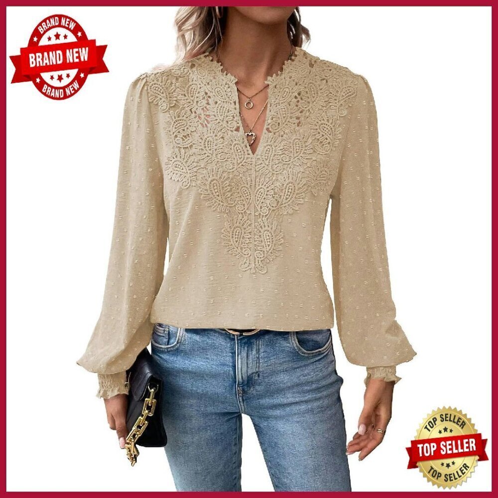 Swiss Dot Chiffon Blouse Long Sleeve V Neck Flowy Lace Hem - Picture 1 of 8